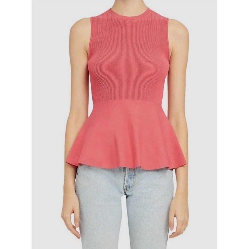 $275 Theory Women's Pink Sleeveless Crew Neck Peplum Knitted Top Petite Sz P NEW